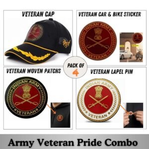 Indian Army Officer Veteran Cap, Stickers, Patch & Pin Combo Pack