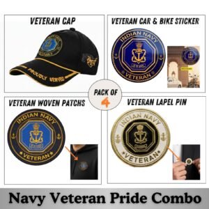 Indian Navy Proudly Veteran Cap, Stickers, Patch & Pin Combo Pack